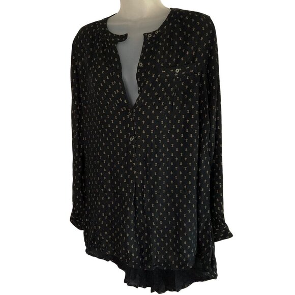 Free People Black Floral Long Sleeve Hi-Low Oversized Tunic S boho - Picture 2 of 10